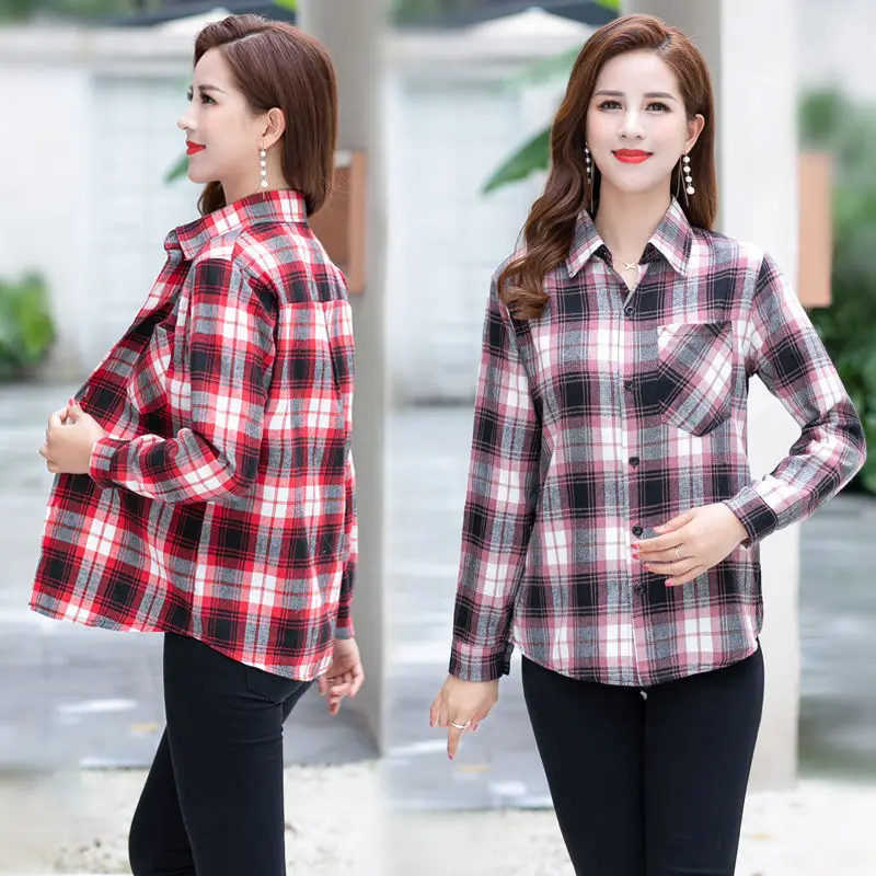 

2021 Mom's Plaid Shirt Women's Long Sleeve Top Middle-aged And Old Spring And Autumn New Loose Cotton Coat Women Plus Size