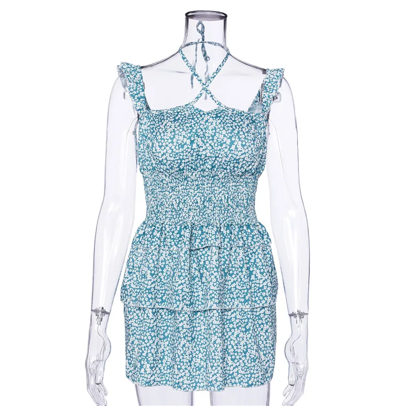 

2021 Summer Spaghetti Strap Floral Print Dress Women's Casual Boho Mini Ruffle Vestido A Line Short Beach Holiday Dress
