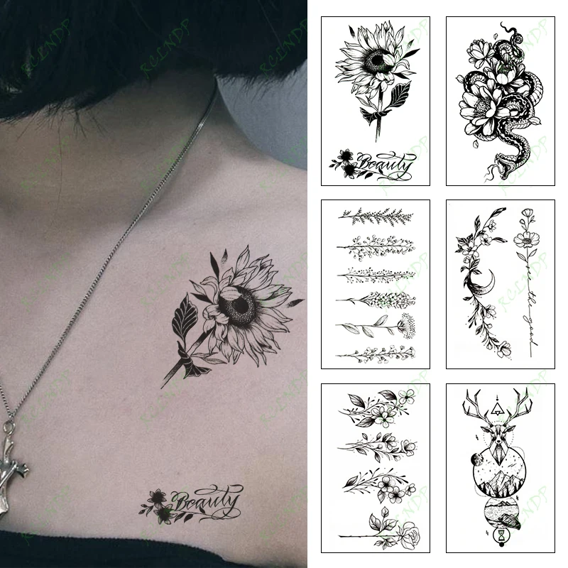 

Waterproof Temporary Tattoo Sticker Black Small Flower Flash Tatoo Fake Tatto Back Arm Hand Leg Body Art for Women Men