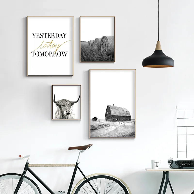 Скандинавская ферма корова дом пейзаж холст картина мотивационный плакат черная