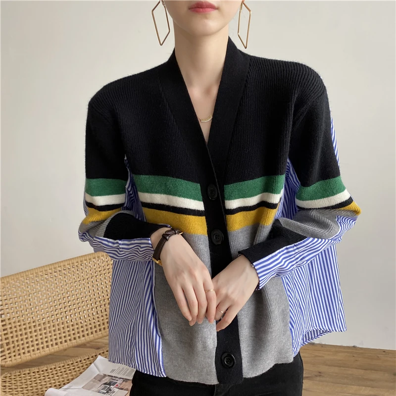

Женский трикотажный кардиган в полоску, Асимметричный свободный Универсальный кардиган с контрастными пуговицами, Осень-зима 2021