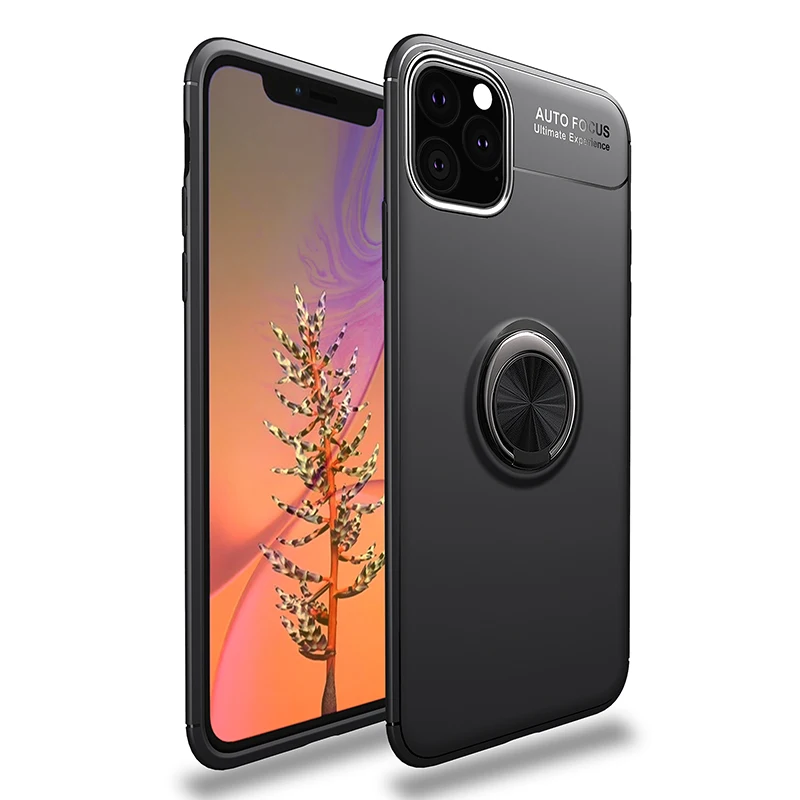 Black Для iPhone 11 Pro Max чехол для телефона металлический палец кольцо матовый мягкий термополиуретан силиконовый задняя крышка для iPhone 11 противоударный жесткий чехол для телефона - Цвет: Black