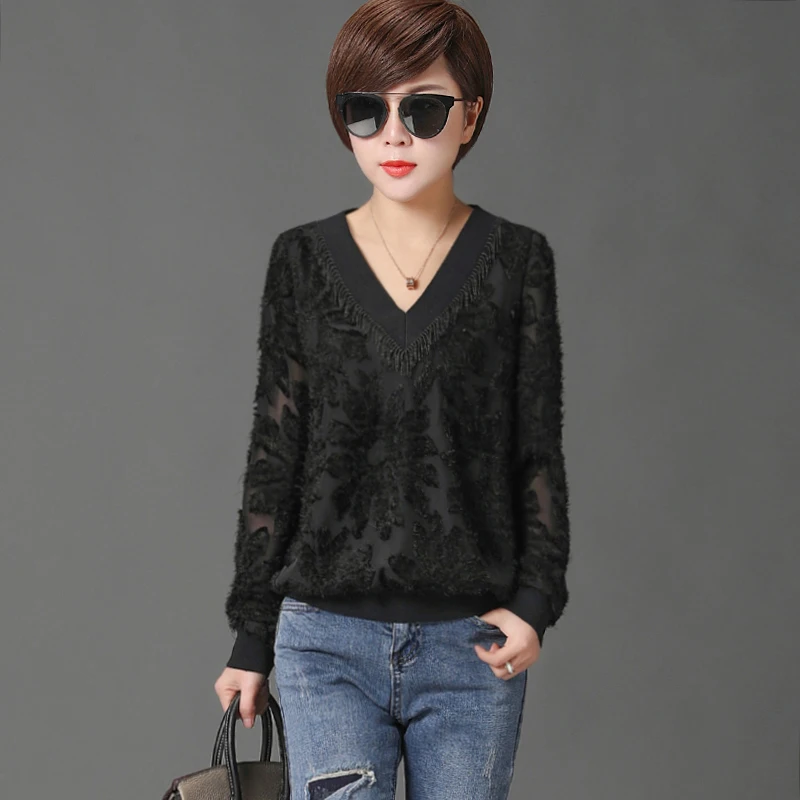 

Женская обувь; Сезон весна-осень; Стиль кружевные женские блузки рубашки Повседневная футболка с длинным рукавом и v-образным вырезом Blusas то...