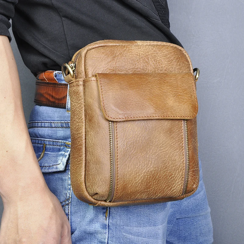 

Original Leather men Casual Fashion Travel Fanny Waist Belt Pack Vertical Messenger Shoulder Bag Design 8" Tablet Case Male 2075