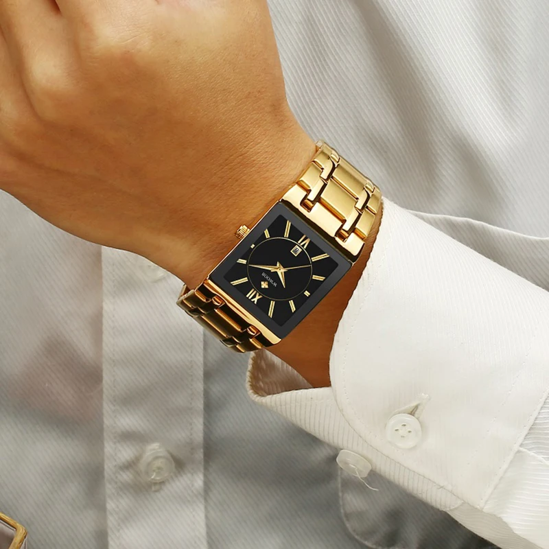 Мужские наручные часы WWOOR золотые черные квадратные кварцевые водонепроницаемые