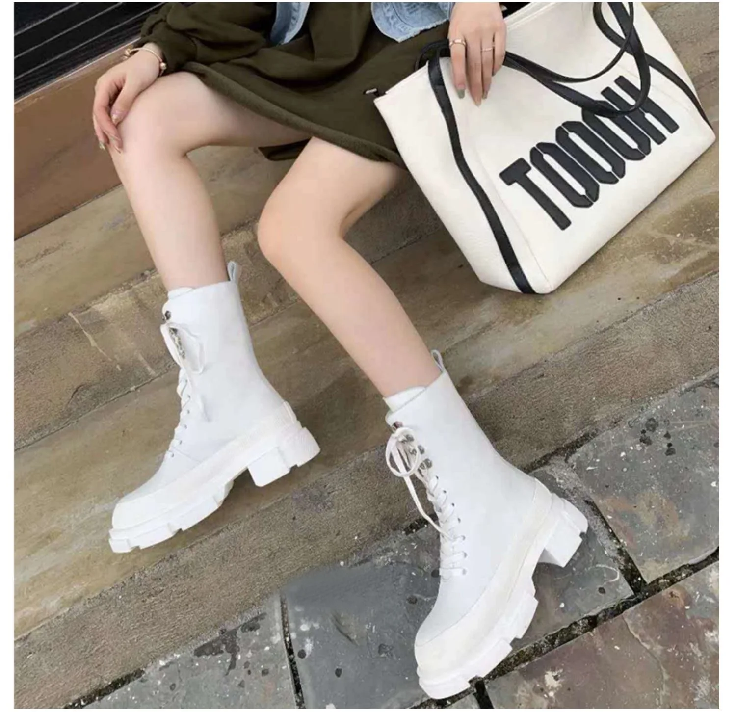Jual Sepatu Bot Wanita Pertengahan Betis Musim Gugur Musim Dingin Sepatu Hak Sedang Kasual Hitam Putih Merah Muda Berenda C3