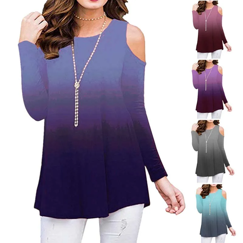 Женская футболка большого размера с открытыми плечами градиентная длинным