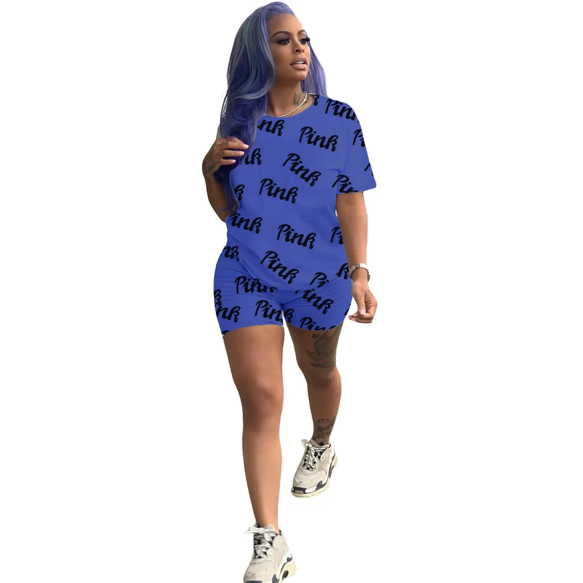 

Women Set Letter Print Short Sleeve Pockets T-shirts Skinny Elastic Shorts 2 Piece Set Casual Tracksuit Fashion Outfit