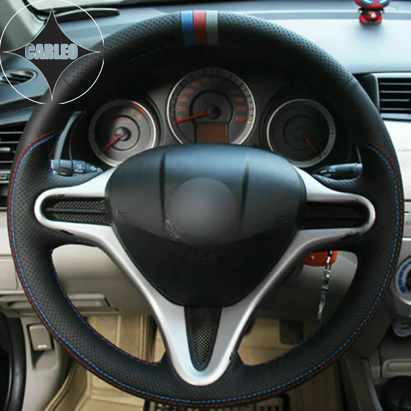 

DIY Car Steering Wheel Cover for Honda Fit 2009 2010 2011-2013 Genuine Black Leather Custom Hand Stitching Holder Top Layer Wrap
