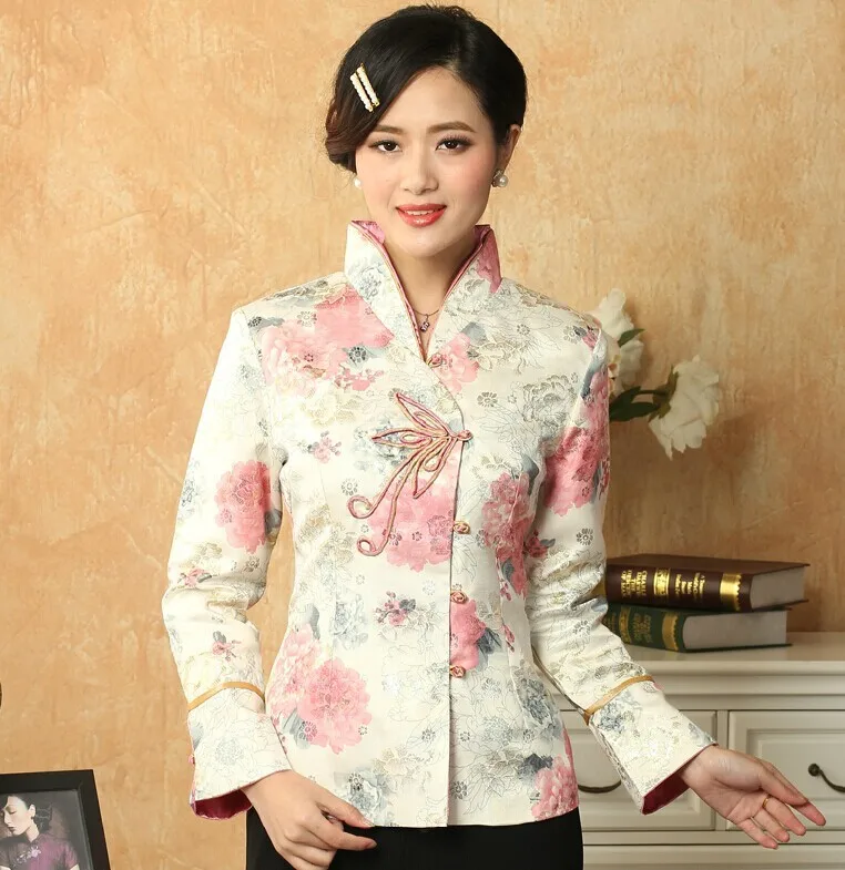Лидер продаж многоцветный китайский женский атласный пиджак принт традиционный