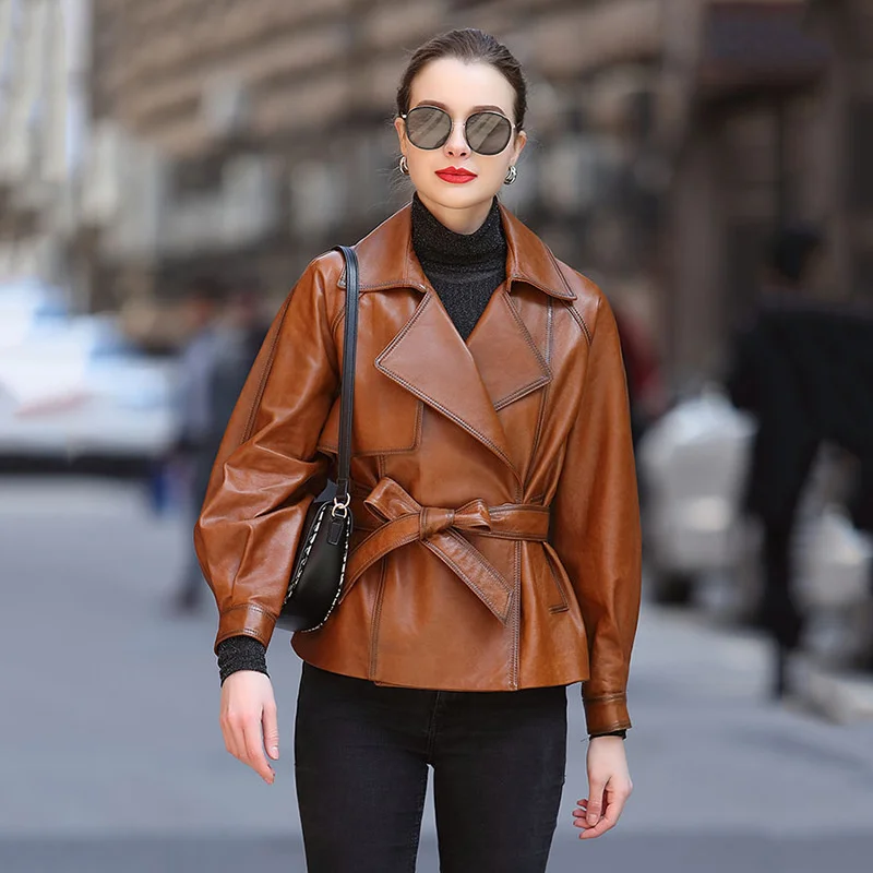 

2021 new Haining leather clothes women's sheepskin short belt Lapel loose leather jacket autumn coat
