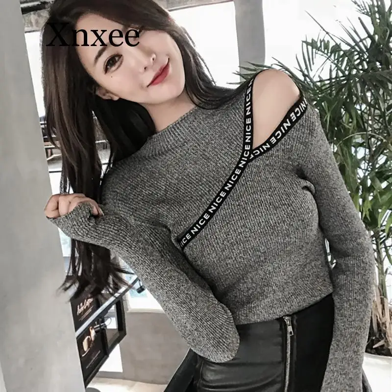 

Sexy Top Letter Appliques Off Shoulder Sweater High Elastic Sweters Women Invierno 2020 Korean Style Women Pullover Pull Femme