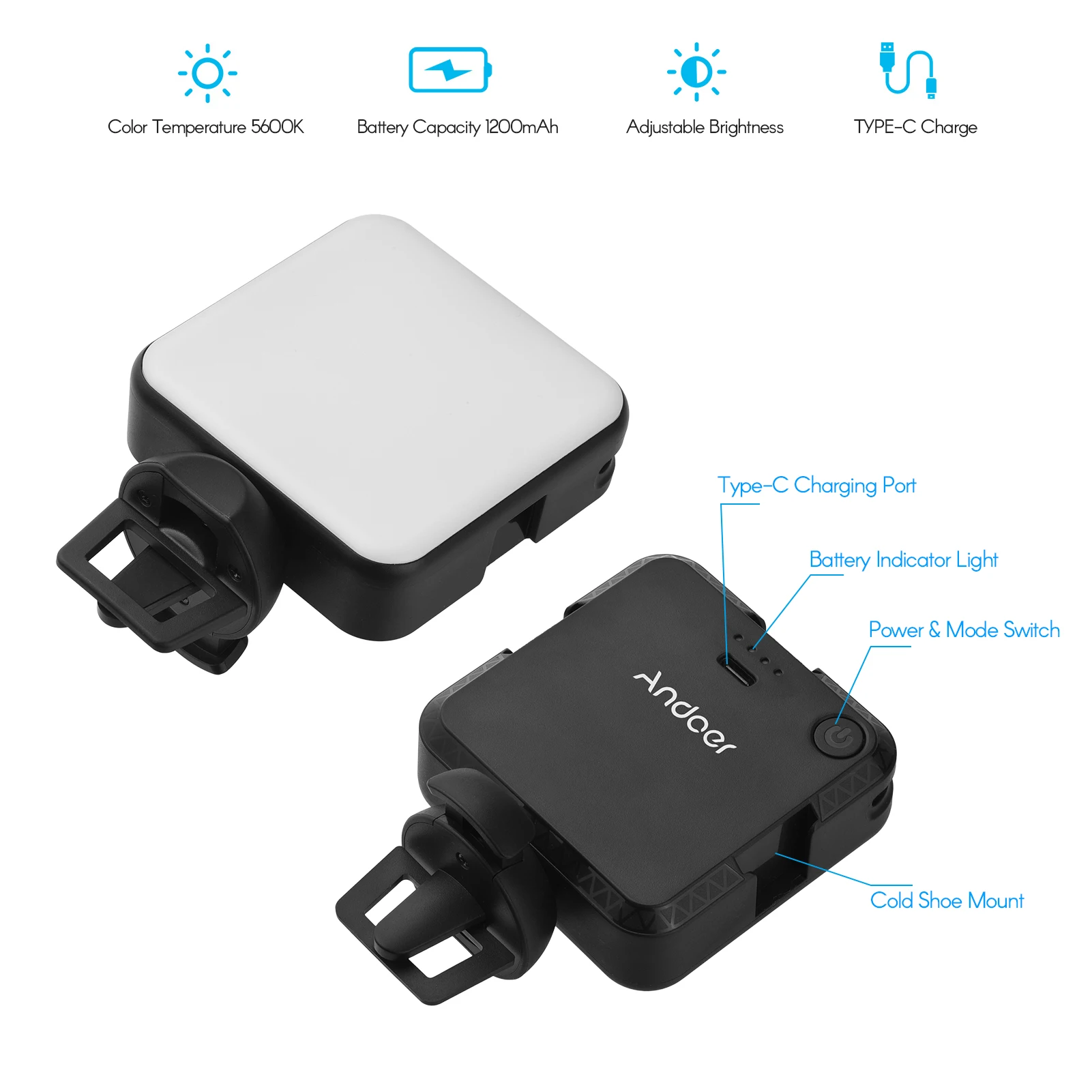 Портативный светодиодный светильник Andoer W36 для фотосъемки 5600K с 3 креплениями на