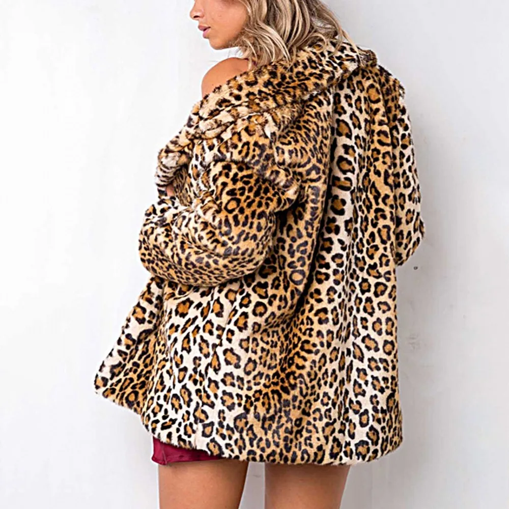 

Winter Luxury Faux Fur Coat Leopard Print Jacket Turn Down Collar Long Sleeve Jacket Women Outerwear Feminino Loose Coat