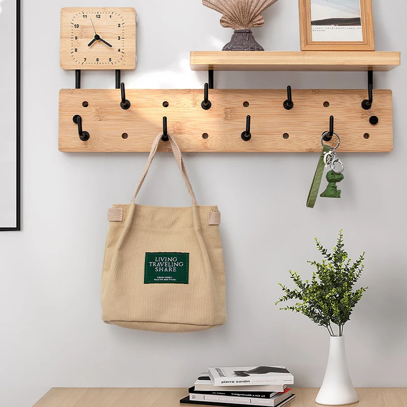 

Zoxfer High Quality Bamboo Board Creative Living Room Wall Coat Shelf Combined Zinc Alloy Hooks Clothing Storage Rack Partition
