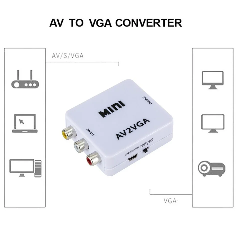 HD AV2VGA Video Converter Convertor Box AV RCA CVBS to VGA Conversor with 3.5mm Audio PC HDTV Mini | Электроника