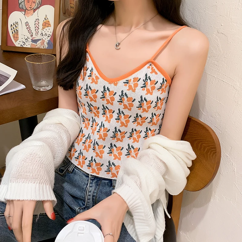 Color Embroidered Knitted Strap 2021 Women's Sexy V-neck Sleeveless Crop Top Women's Clothing