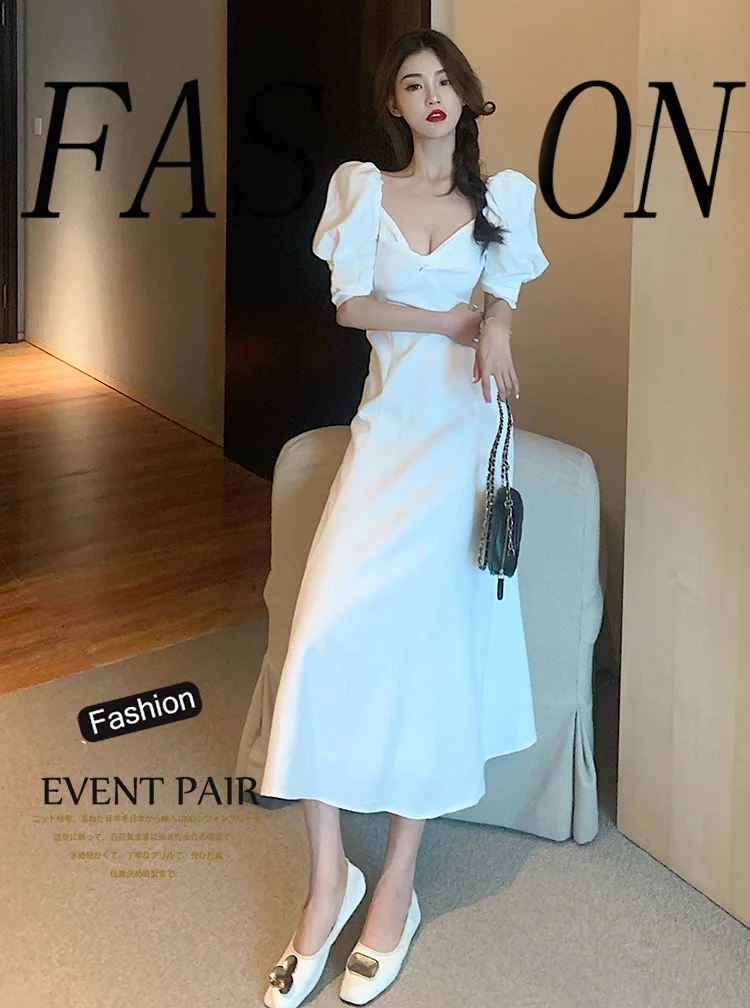 

Waist-Tight Fairy Dress Front Chest Twist Design Waist-Tight Dress Puff Sleeve Back Slit Large Swing Skirt Female 2021 Summer
