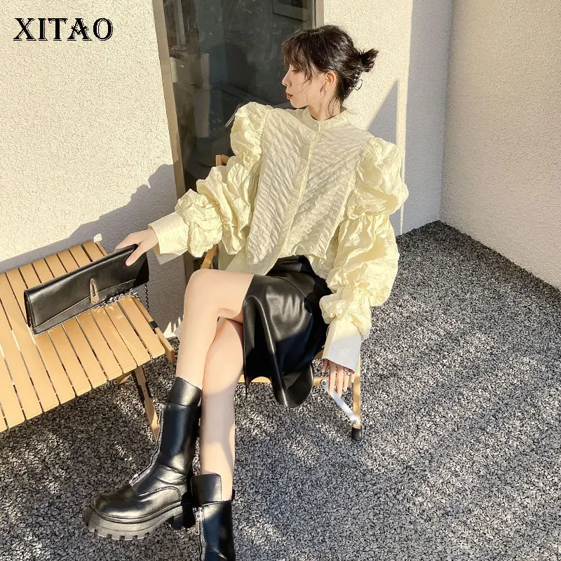 

XITAO Ruffle Blouse Pleated Single Breast Solid Color Small Fresh Casual Style 2022 Minority Elegant Loose Shirt GWJ2668