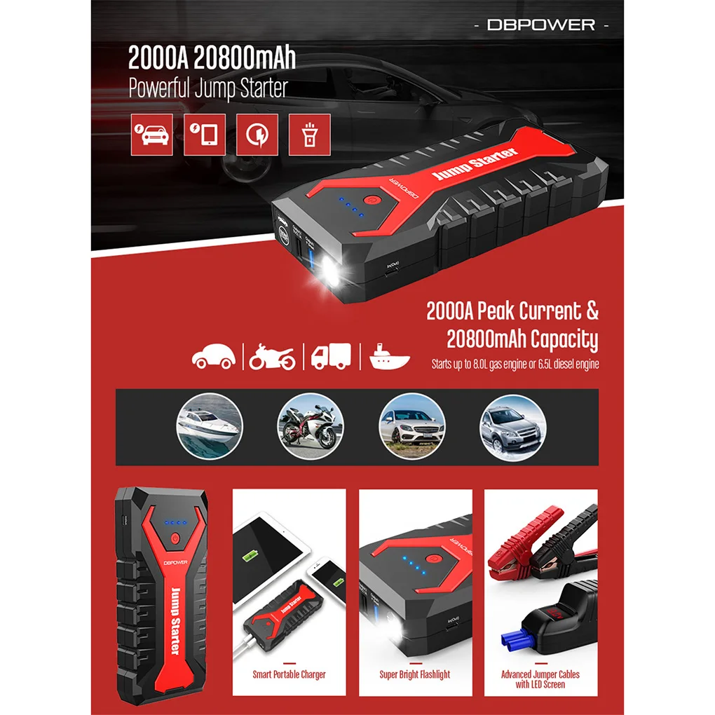 

Car Jump Starter Power Bank 20800mAh 2000A 12V Starting Device Portable Emergency Car Booster Auto Car Battery Charger Gas
