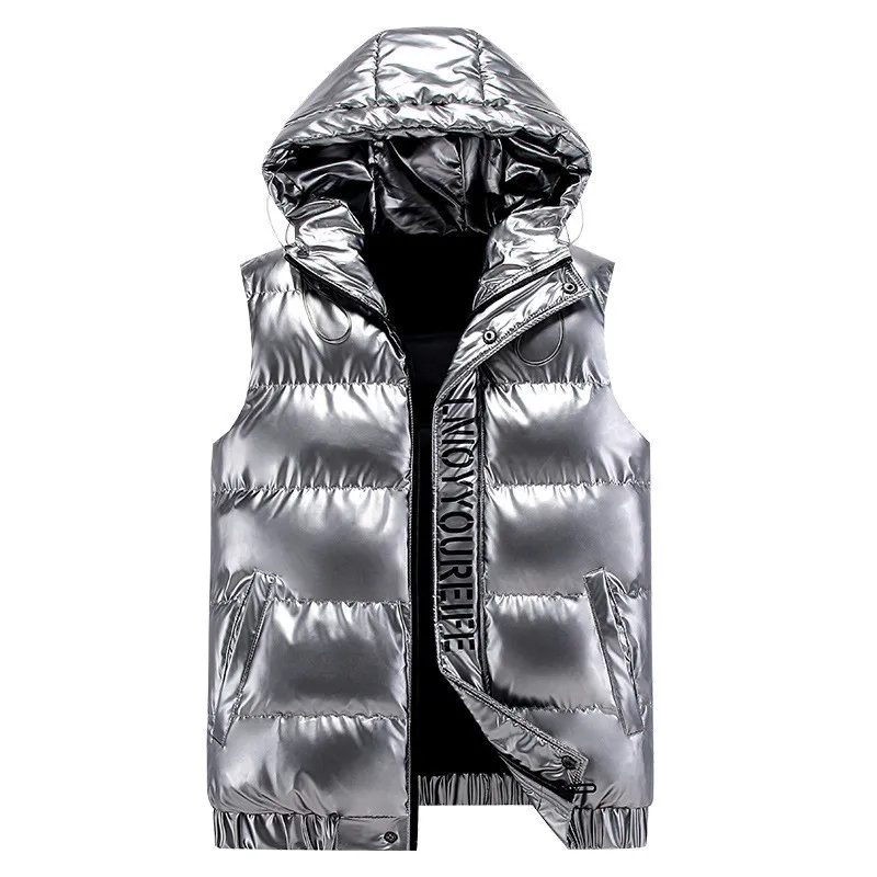 

MORUANCLE Men's Fashion Warm Vests With Hood Cotton Padded Thick Thermal Sleeveless Parkas Outerwear Shinny Bright Waistcoat