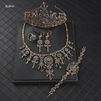 5pcs luxury bridal jewely sets antique gold plating gray rhinestone turkish trendy necklaceearringsringbracelet for women