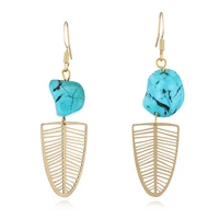 european and american fashion jewelry wholesale copper leaf hollow out design turquoise dangle earrings for women free shipping