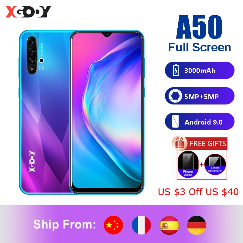 

XGODY Celular смартфон на Android 9,0, 6,5 дюймов, большой экран, 3000 мАч, 1 ГБ, 8 ГБ, MTK6580, четырехъядерный, две sim-карты, 5 Мп, WiFi, 3G, разблокировка мобильных тел...