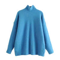 women fashion soft touch loose fitting knitted sweater vintage high neck long sleeve pullovers chic tops