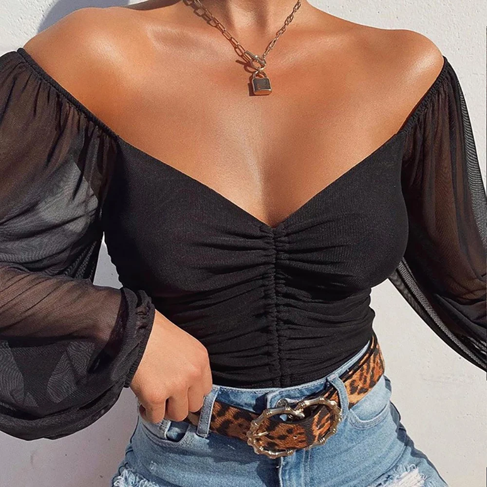 

Summer Beach Backless Women Crop Top Drawstring Short Puff Long Sleeve Mesh V-neck Off Shoulder Casual Women Camis Top Tank 2020
