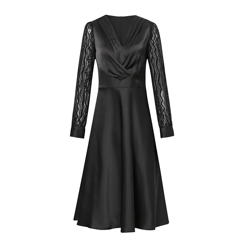 

2021 early spring new style temperament fashion lace with acetic acid dress pleated V-neck waist slim swing skirt