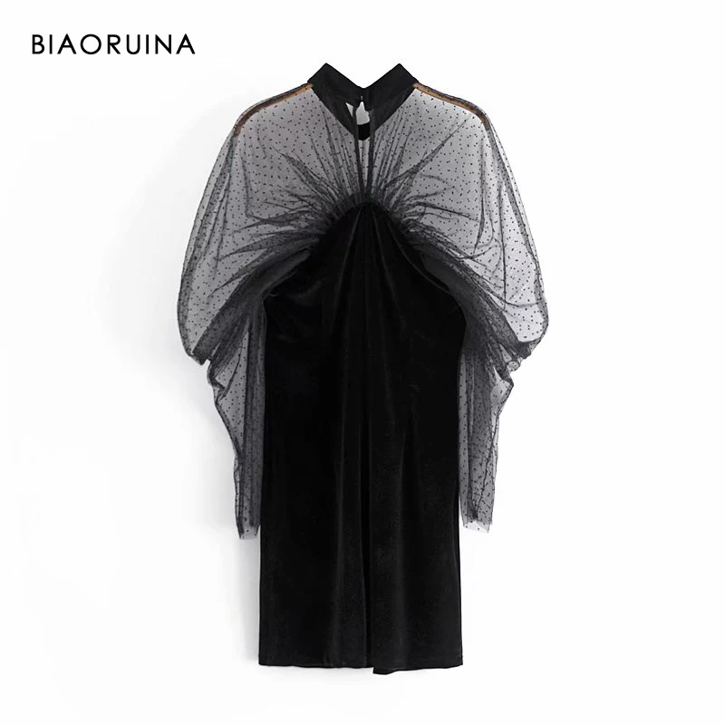 

BIAORUINA Women's Black Polka Dot Flocking Mesh Patchwork Velour Fashion High Waist Straight Short Dress Vestido Puff Sleeve