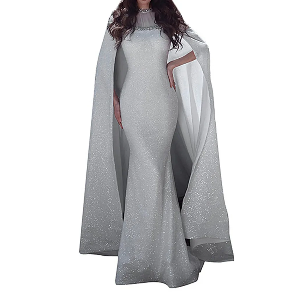 Серебристая накидка платье с рукавом женские вечерние платья большая шаль подол