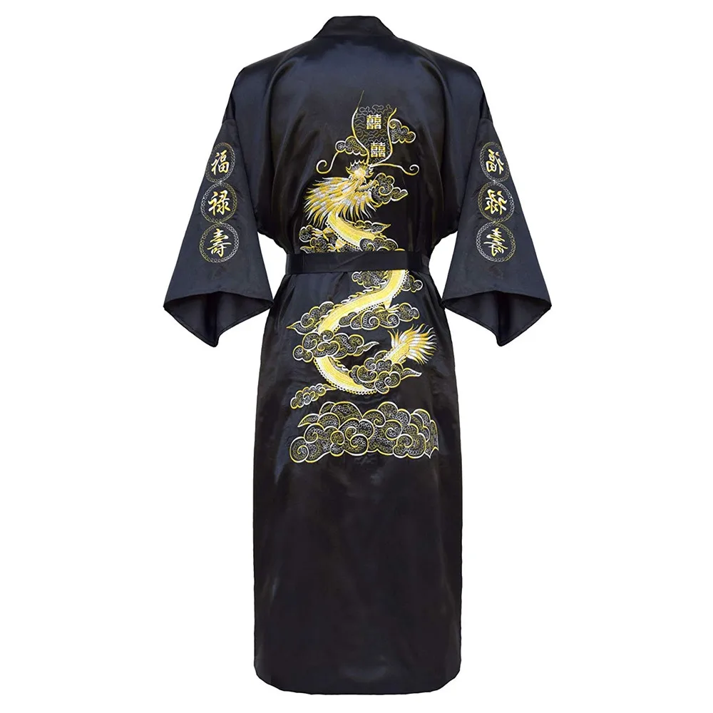 Black Embroidery Dragon Robes Traditional Male Sleepwear Lounge Nightwear Kimono Bathrobe Gown Homewear Nightgown Home Clothing