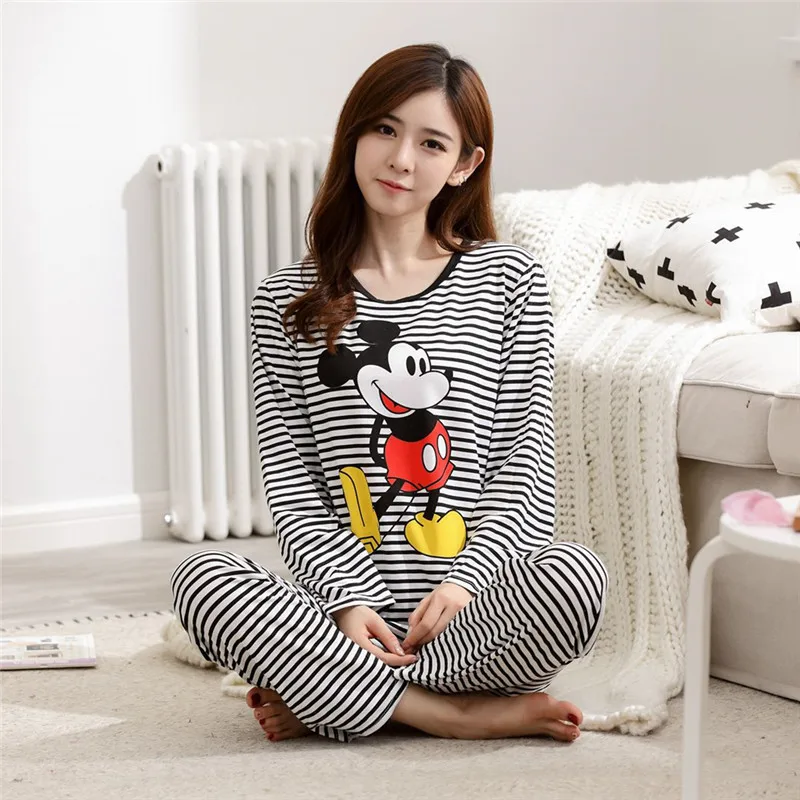 

Disney Cartoon Mickey Priting Pyjamas Set Spring Autumn New Stripe Pajamas Fashion Women Homesuit Clothing Female Sleepwear