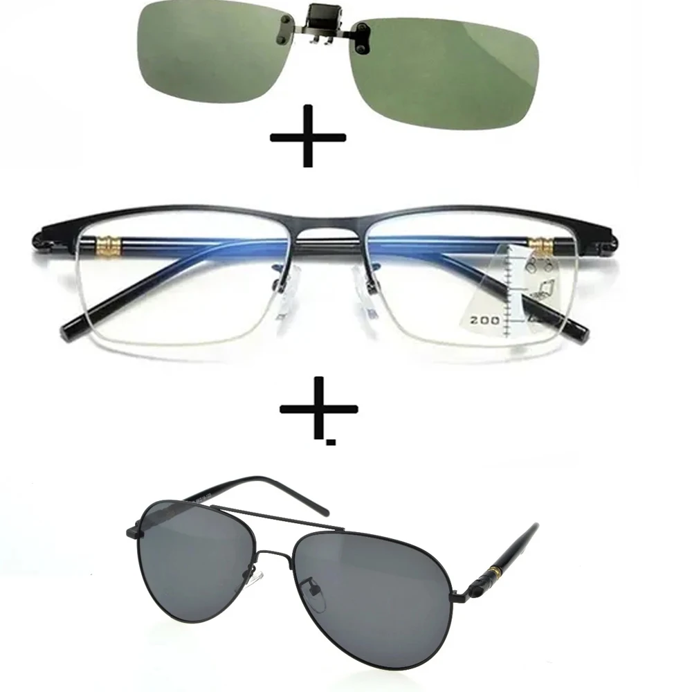 

3Pcs!! Progressive Far and Near Business Reading Glasses Men Women + Polarized Sunglasses Pilot Double Bridge + Sunglasses Clip