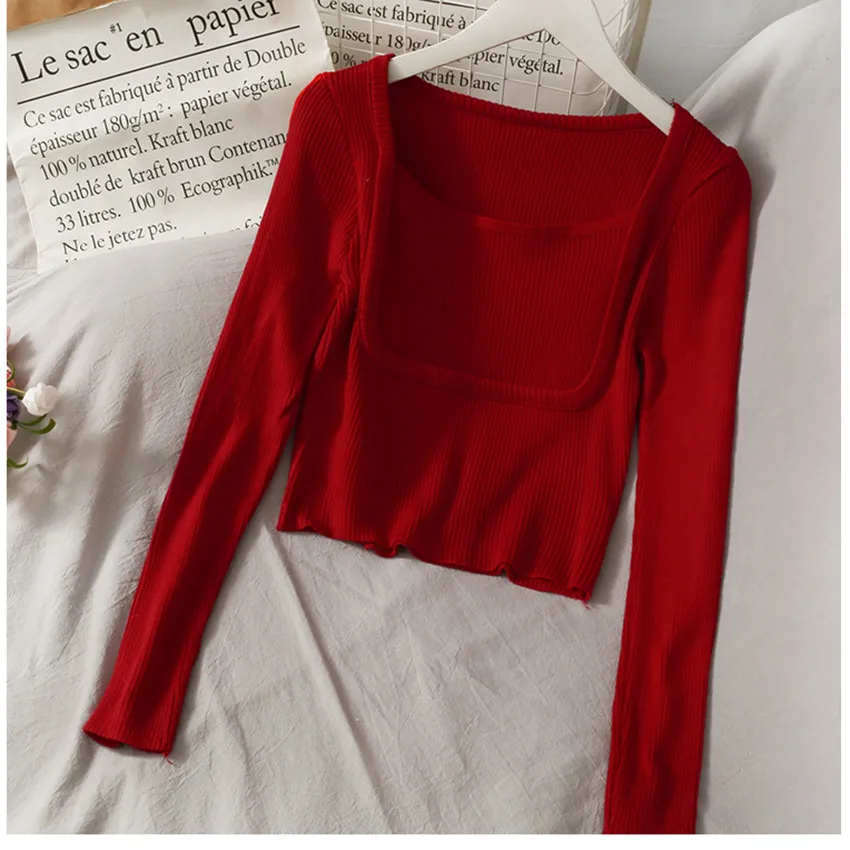 

Sexy Crop Top Thin Knitted Sweater Women Long Sleeve Cropped 2021 New Spring Student Fashion Tops Knit Jumper Pull Femme