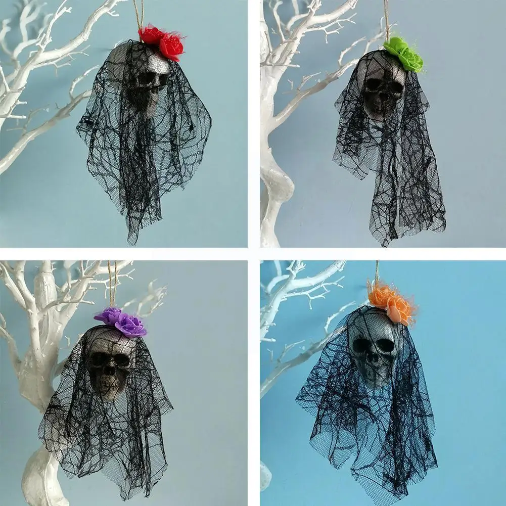 

2022 Halloween Skull Hanging Ghost Atmosphere Decoration Foam Props Simulation Lace Skull Ornament Pendant E6K0