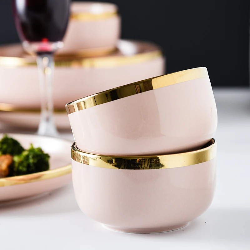 Розовый фарфоровый посуда обеденные тарелки посуды Северное золото инкрустация