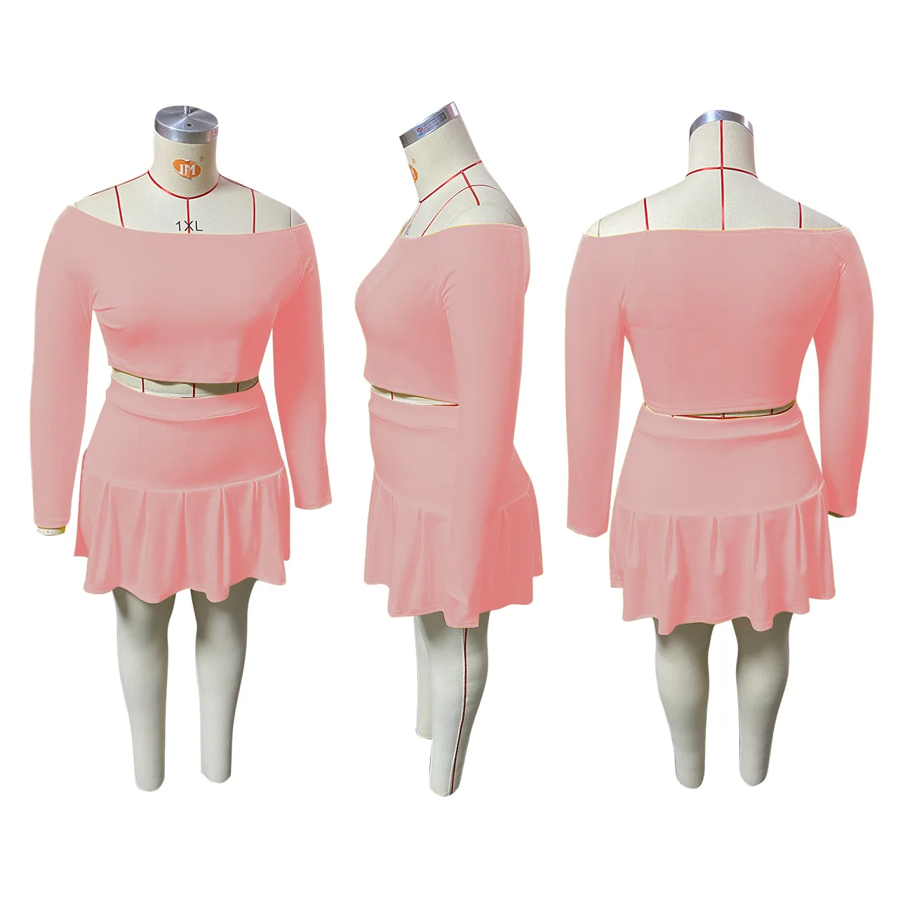 

New Arrivals Women Solid Cute Two Piece Sets Casual Slash Neck Short T-shirts Pleated Mini Skirts Plus Size Outfits 2021 Autumn