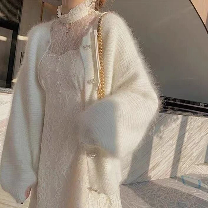 Осенний вязаный Пушистый кардиган свитер женский корейский стиль белые