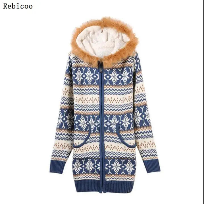 Women thick Fleece Knitted Hooded Cardigans snowflake Crocheted Sweaters Coat Slim Long Sleeved Thickening Velvet Winter Tops |
