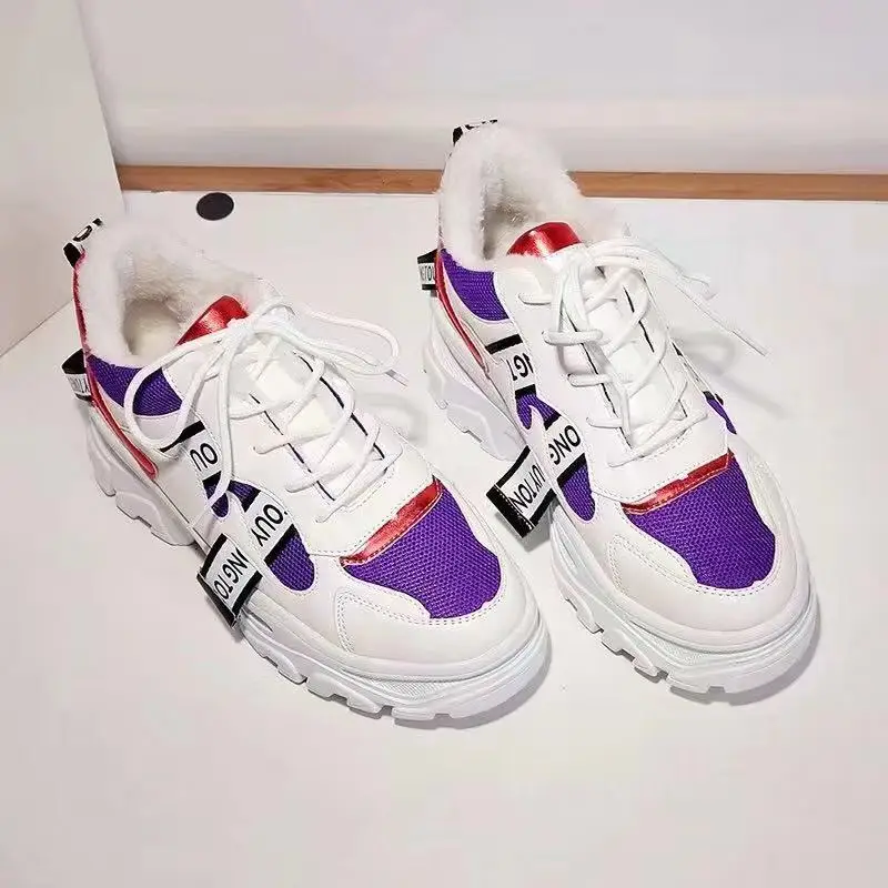 Purple plus cotton WDHKUN/Коллекция года; Дизайнерские кроссовки; женская Вулканизированная обувь; женские кроссовки на платформе с дышащей сеткой; цвет черный, белый; повседневная обувь на плоской подошве - Цвет: Purple plus cotton
