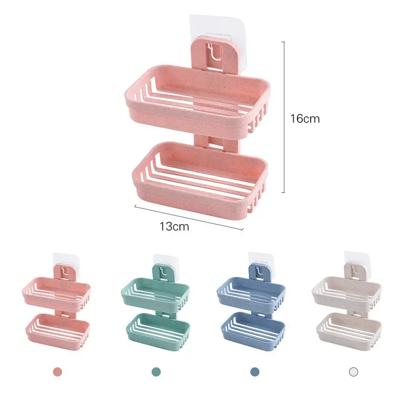 

Bathroom Suction Cup Soap Dishes Plastic Holders Wall-mounted Double-deck Creative Drainage Soap Storage Double Racks