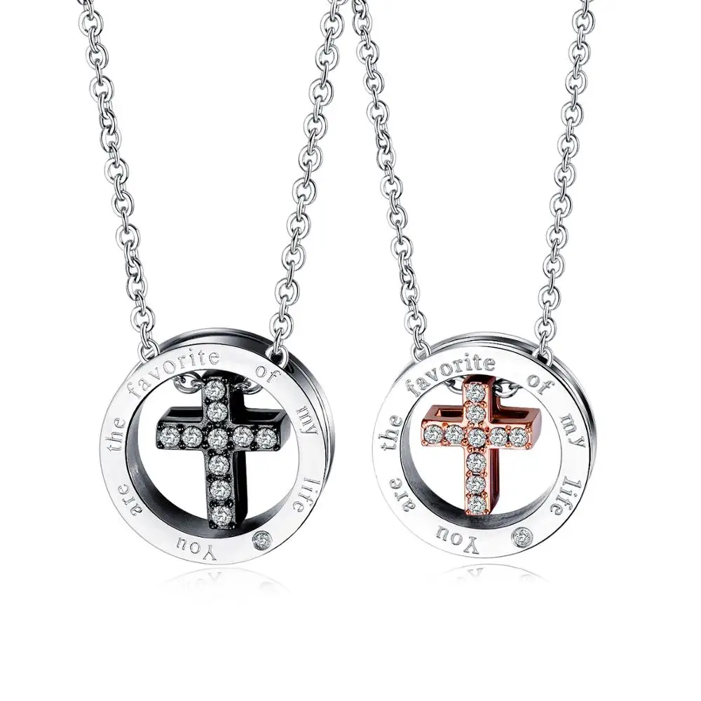 

Round Stainless Steel CZ Cross Pendant Necklace You Are The Favorite Of My Life Couple Jewelry New Accessories Charm Necklace