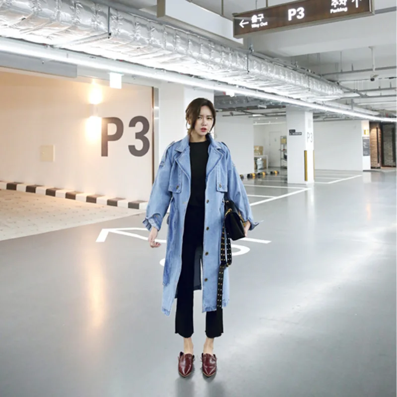 

Spring Autumn Women Casual Loose X-Long Denim Trench Coat Female Denim Overalls Plus Size Adjustable Waist Denim Coat