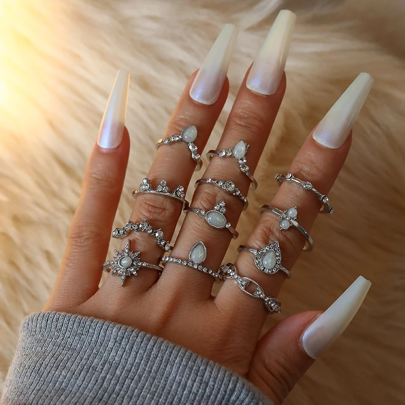 

12Pcs/Set Bohemian Geometric Water Drop Opal Stone Knuckle Rings for Women Vintage Gem Joint Knot Ring 2021 Trend Jewelry New