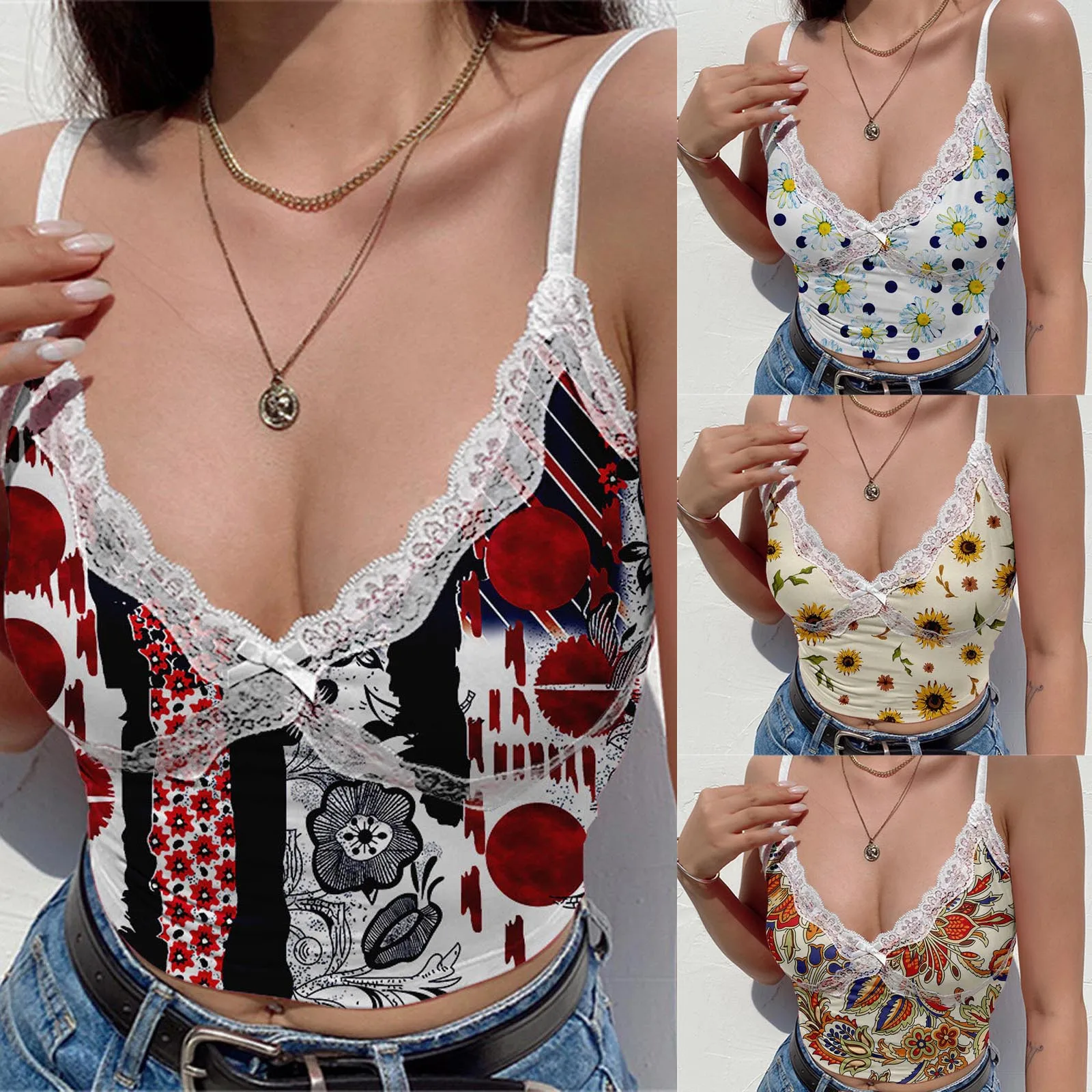 

Women Crop Top Summer Sexy Webbing Lace Stitching V-neck Tie-dye Print Camisole Tank Top Camis Clubwear Cropped Vest Corset Top