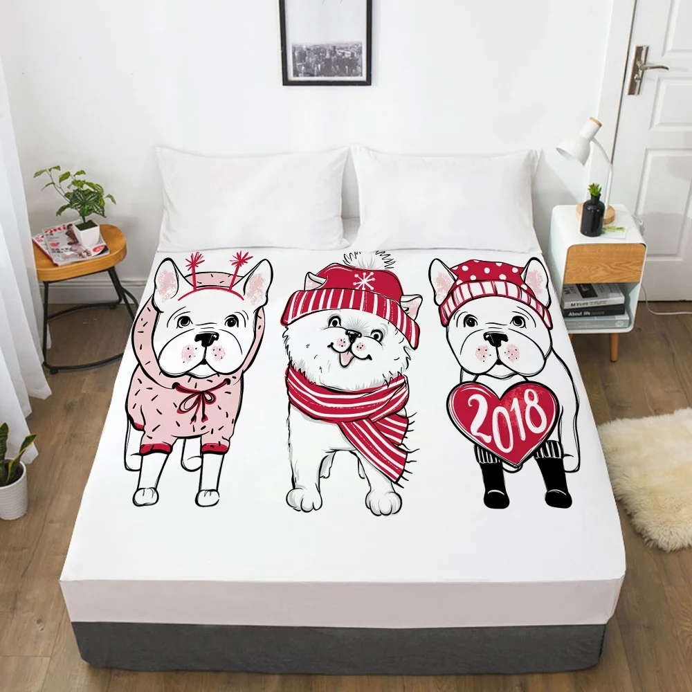 

Elastic fitted sheet bed sheet With An Elastic Band 160x200/150x200 Mattress Cover Bed cover 1pc Christmas santa claus dog