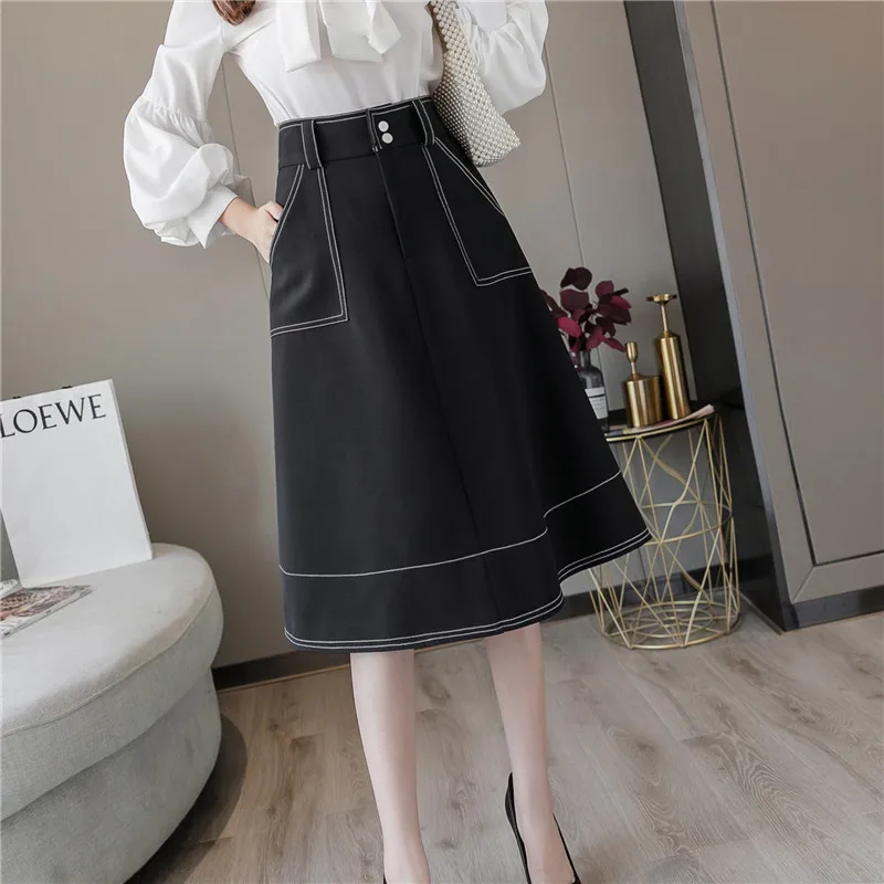 Женская юбка средней длины черная до колен с высокой талией в Корейском стиле